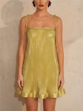 Women Gold Metallic Pleated Tie Shoulder Mini Party Dress