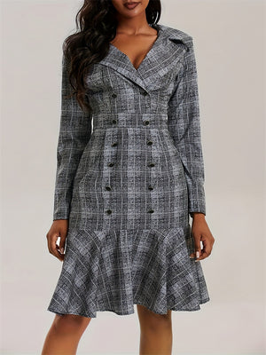 Women's Trendy Plaid Double-breasted Patchwork Ruffled Hem Dress