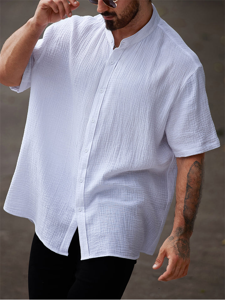 Men's Summer Texture Solid Color Button Up Short Sleeve Shirts