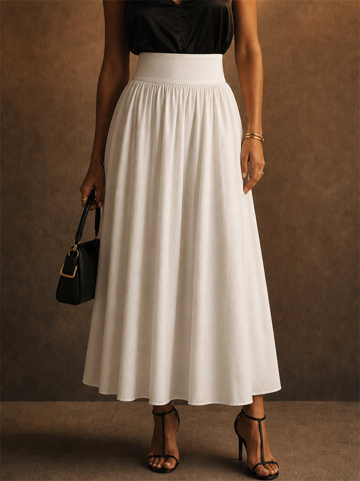 Women French Style High Waist White A Line Pleated Maxi Skirt