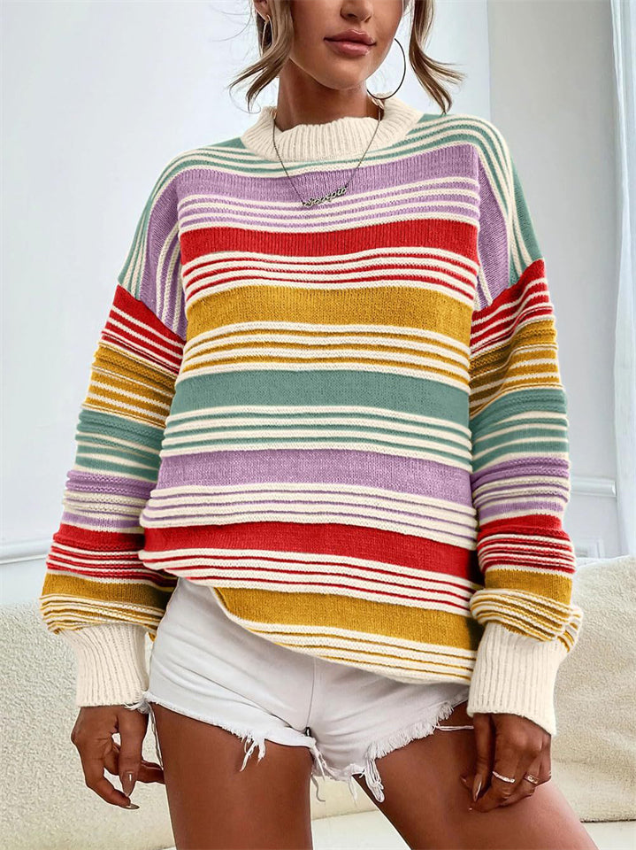 Women's Autumn Loose Rainbow Color Striped Round Neck Sweaters