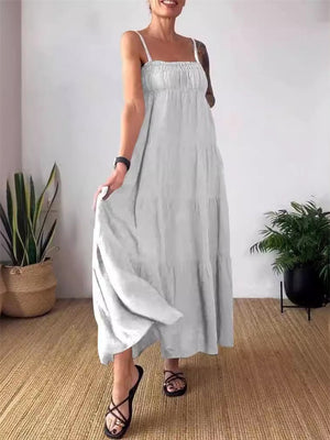 Solid Color Tiered Pleated Spaghetti Strap Dress for Ladies