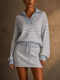 Women Striped Knit 2 Piece Set Polo Top and Mini Skirt