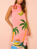 Women's Pink Side Split Sundress with Coconut Tree Letter Print