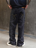 Men's Streetwear‌ Loose Fit Wash Distressed Jeans with Beads and Rhinestone