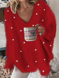 Women's Autumn V-neck Beaded Loose Pullover Sweaters
