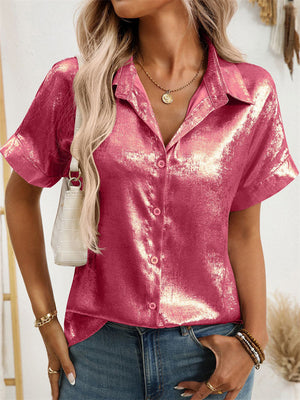Women's Bling Solid Color Casual Button Up Lapel Blouses