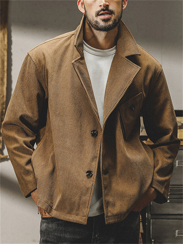Retro Casual Long Sleeve Stand Collar Corduroy Pattern Coat for Men