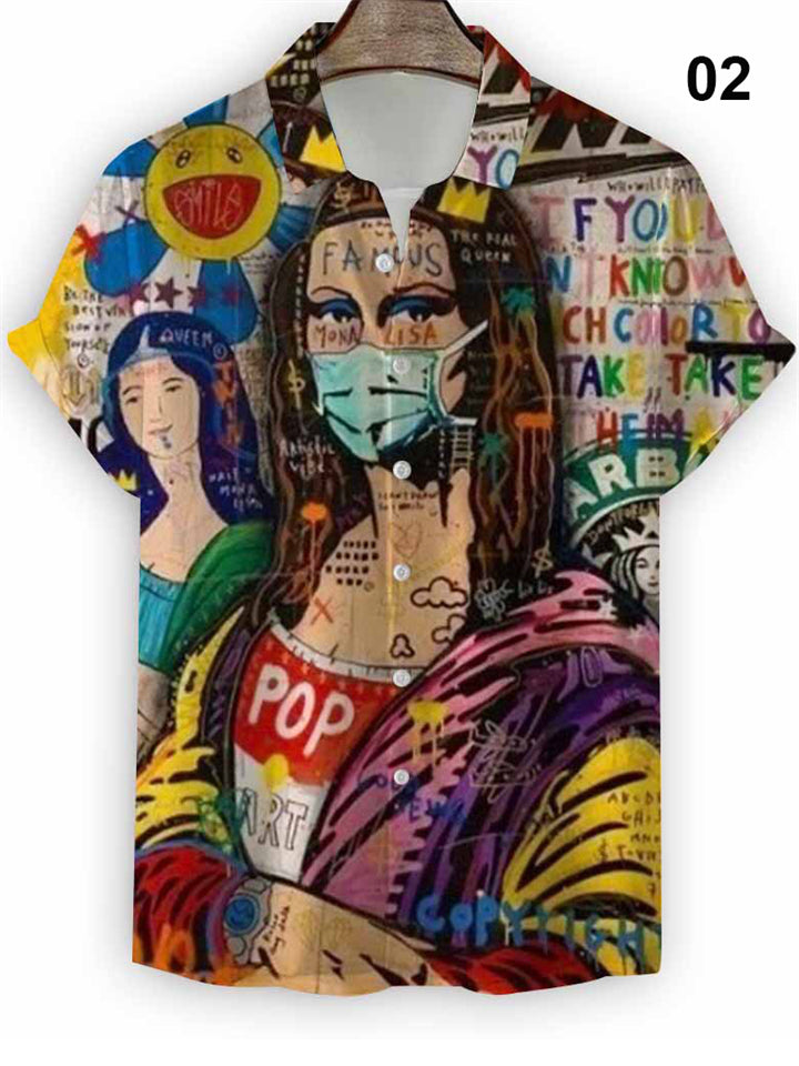Men's Mona Lisa Cartoon Print Cuba Vintage Shirt