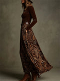 V‌intage Caramel Velvet Top and Paisley Print Skirt Set for Women‌