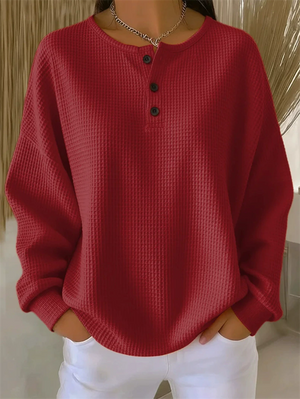 Women's Autumn Round Neck Waffle Solid Color Pullover Loose Long Sleeve Shirts