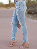 Personality Slim Fit Ripped Light Blue Jeans for Ladies