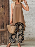 Women's Sleeveless Irregular Hem Camel Shirt + Ethnic Print Pants