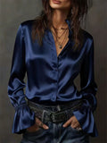 Women's Elegant Satin Blouse Long Sleeve Button Up Shirts