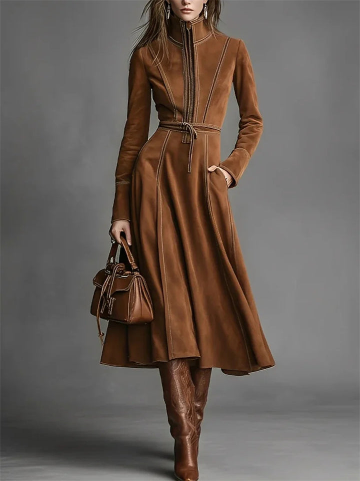 Retro Brown Suede Long Dress for Women with Zipper and Belt