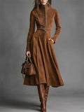Retro Brown Suede Long Dress for Women with Zipper and Belt