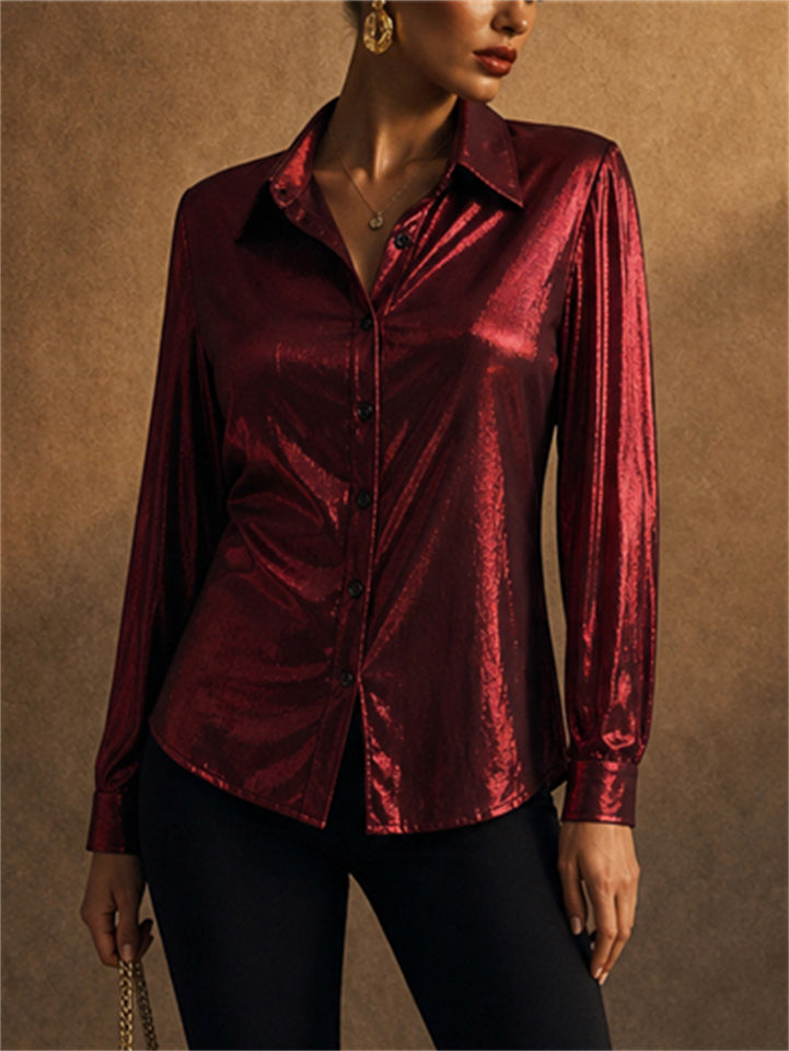 Womens Red Metallic Shiny Long Sleeve Button Down Blouses