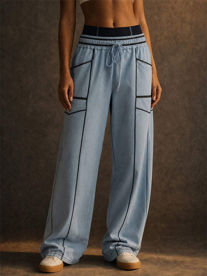 Women High Waist Contrast Trim Drawstring Wide Leg Scimitar Pants
