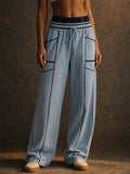 Women High Waist Contrast Trim Drawstring Wide Leg Scimitar Pants