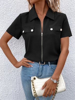 Women's Trendy Short Sleeve Lapel Zipper Shirt for Summer