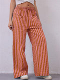 Women's Summer Contrast Color Striped Mid-Rise Drawstring Wide Leg Pants