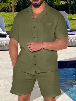 Men's Lapel Button Up Beach Shirt + Summer Sports Shorts