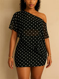 Womens Sexy Print Off Shoulder Poncho Top and Skirt Set