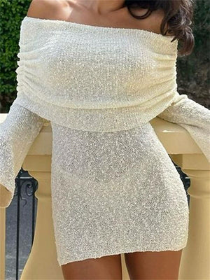 Women's Sexy Holiday Beach Style Hollow Sabrina Neckline MIni Dress
