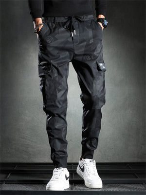 Male Korean Style Slim Elastic Waist Camo Cargo Pants