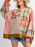 Women's Retro Waffle Patchwork Contrast Color Round Neck Sweatshirt