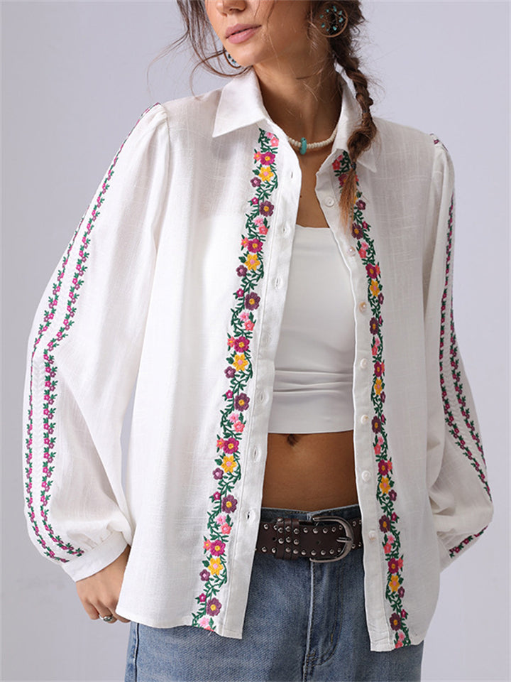 French Style Floral Embroidery Lapel Long-sleeve Blouse
