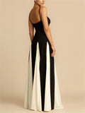 Female's Elegant Black White Contrast Color Spaghetti Strap Dress