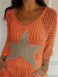 Contrast Color Round Neck 3/4 Sleeve Hollow Sweater for Women