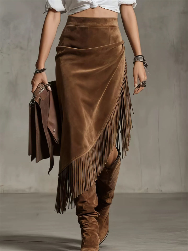 A‌utumn Boho Fringe Suede Asymmetric Maxi Skirt for Women‌
