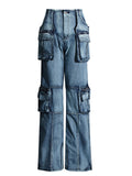 Fashion Mid Rise Pockets Patchwork Cargo Denim Pants for Women
