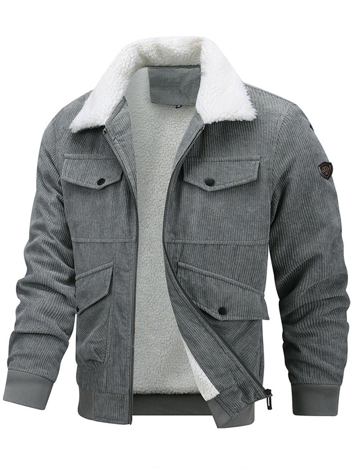 Plus Size Men's Corduroy Fleece Lined Warm Utility Coats with Pockets
