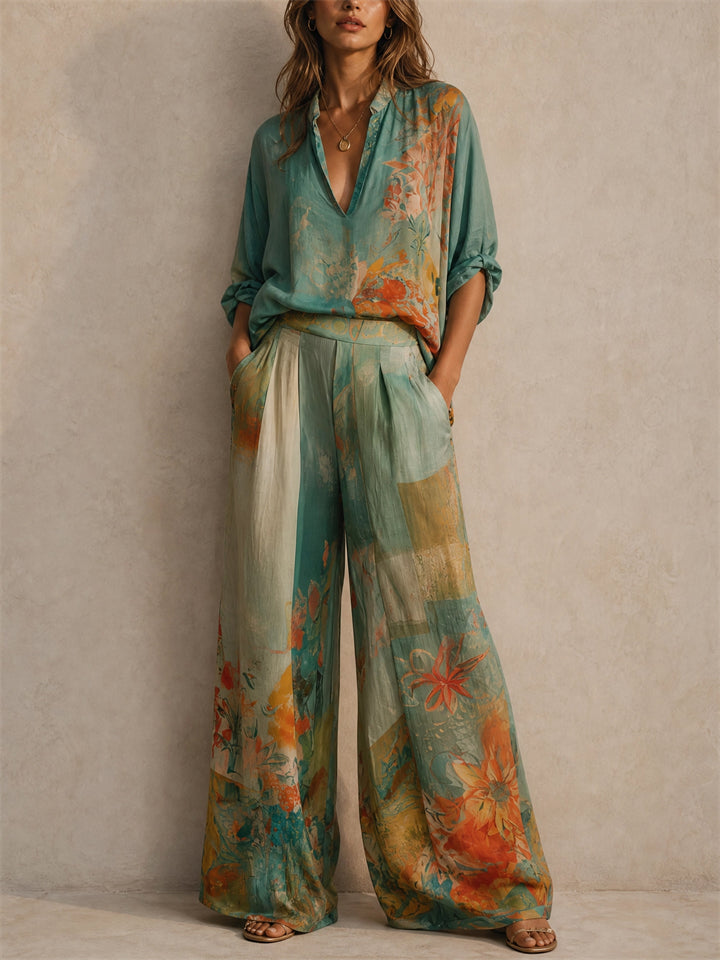 Women Boho Holiday Floral 2 Piece Set Shirt Wide Leg Pants Outfit
