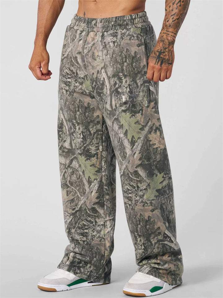 Men's Casual Camouflage Printed Mid Waist Elastic Straight Wide Leg Trousers