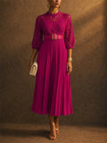 Women Hollowed Lace Puff Sleeve Belted Pleated Formal Midi Dress