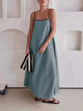 Ladies Contrast Color Lace-Up Spaghetti Strap Summer Dress