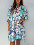 Women's V Neck Trendy Flowers Printed 3/4 Sleeve Dress