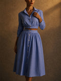 Ladies' 2Pcs Summer Trendy Blue Striped Long Sleeve Cropped Top & Skirt Set