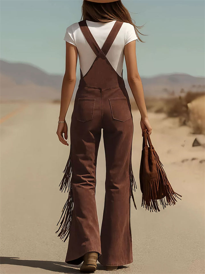 Suede Overalls Cargo Flared Jumpsuit for Women‌ with ‌Fringe