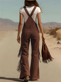 Suede Overalls Cargo Flared Jumpsuit for Women‌ with ‌Fringe