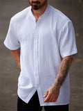 Men's Summer Texture Solid Color Button Up Short Sleeve Shirts