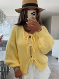 Women's Solid Color Round Neck Lace Up Cardigan Sweater