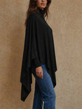 Womens Black Turtleneck Asymmetrical Poncho Wrap Top