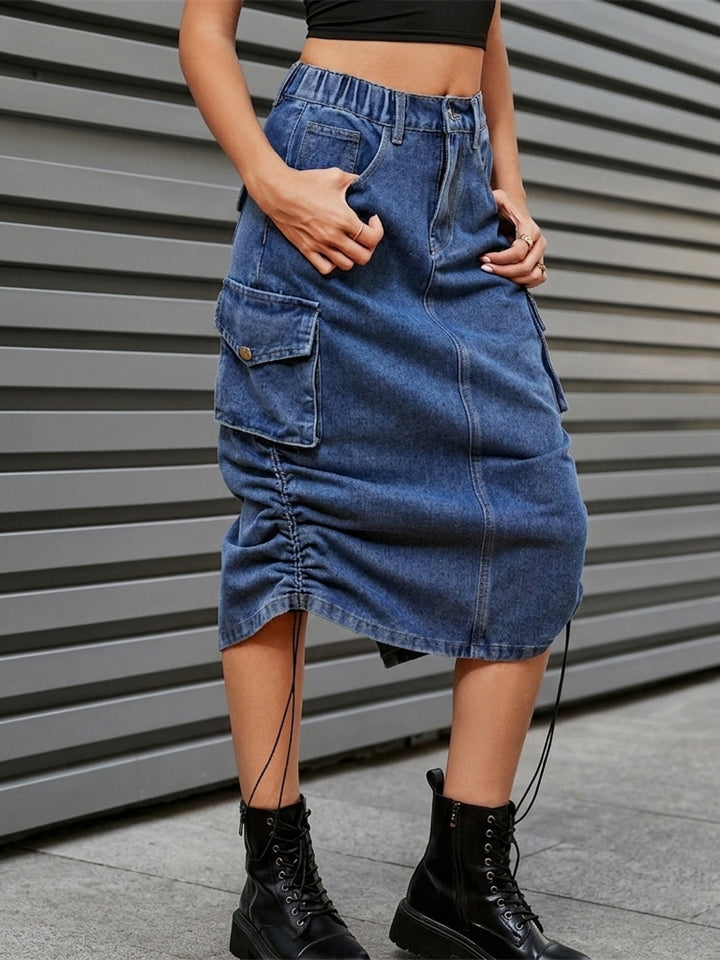 Women High Waist Elastic Ruched Jean Cargo Denim Midi Skirts