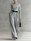 ‌Modern Grey Turtleneck & High Waist Contrast Piping Wide Leg Pants Set‌