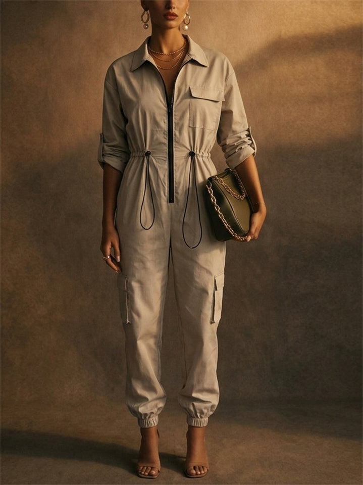 Women Utility Zip Front Cotton Blend Jogger Cargo Jumpsuit